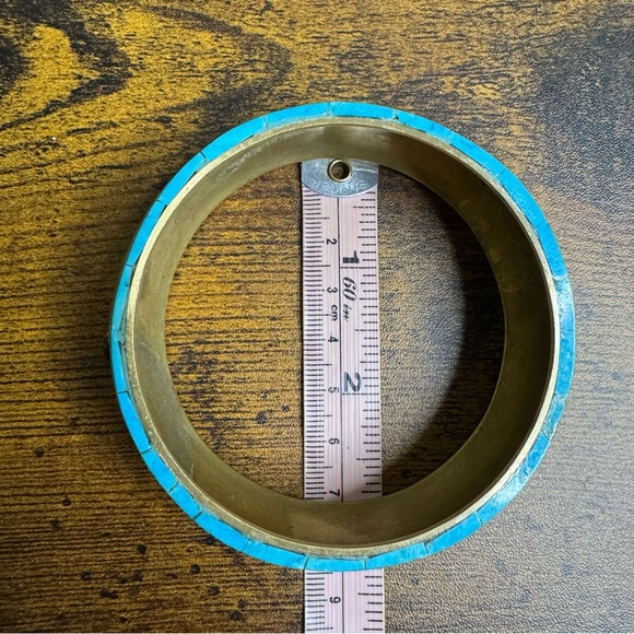 Turquoise Inlay Evil Eye Brass Bangle Bracelet - Picture 5 of 15
